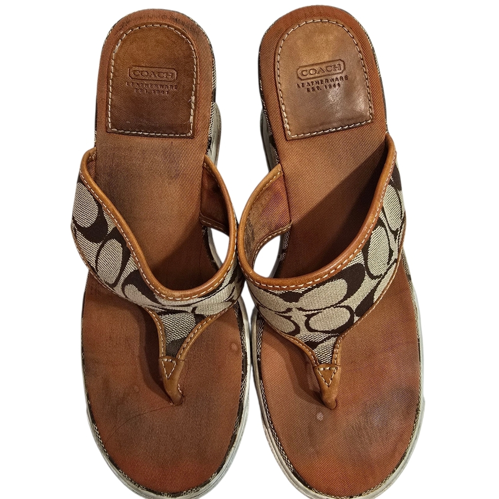 Coach Alisha Signature Brown and Cream Wedge Sandals 9